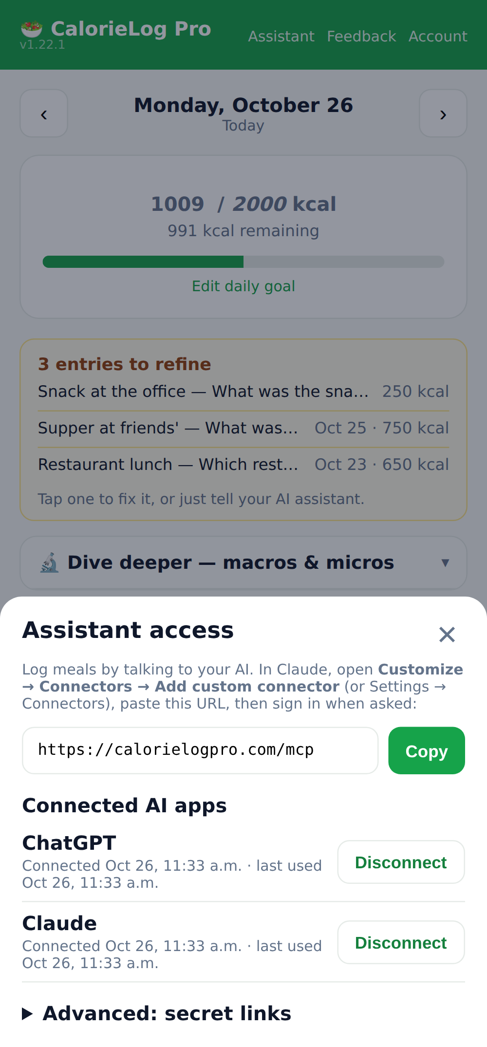 The Assistant panel with the connector URL and connected apps