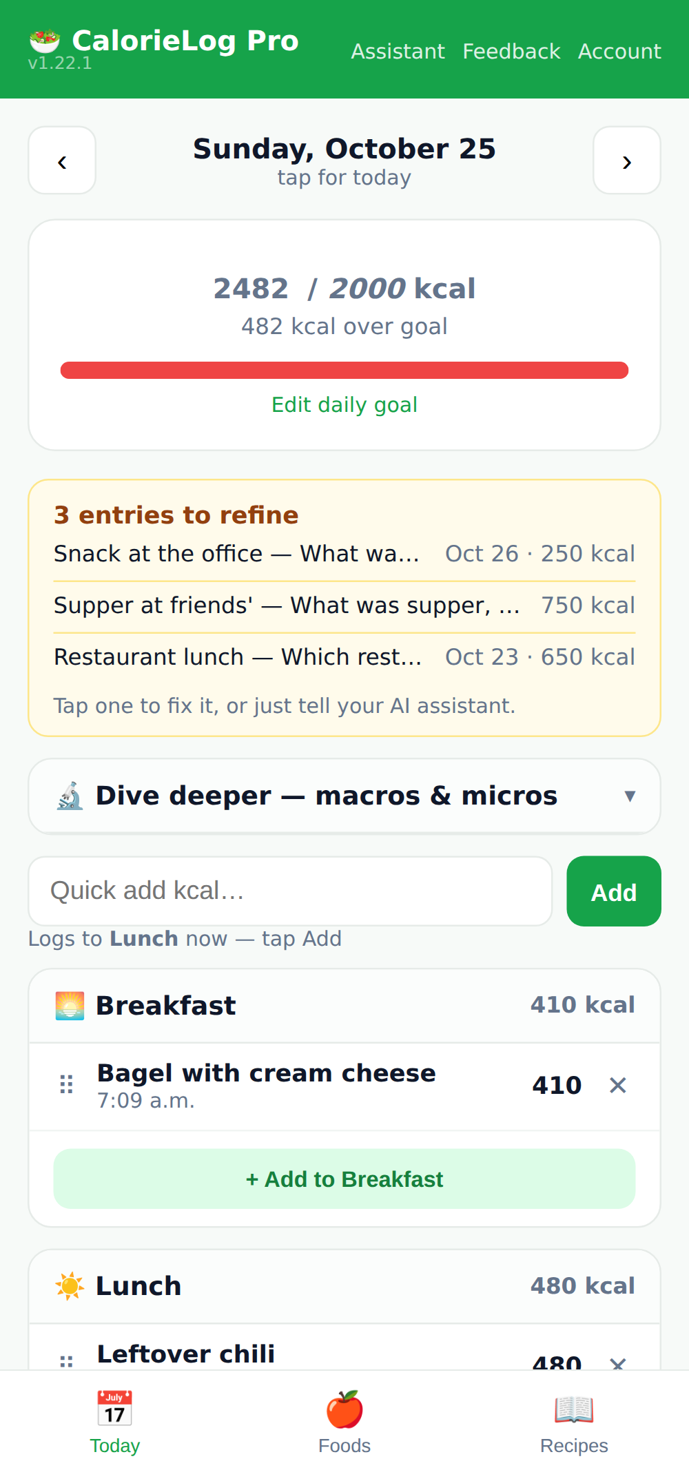 The Today view with a day logged by an AI assistant
